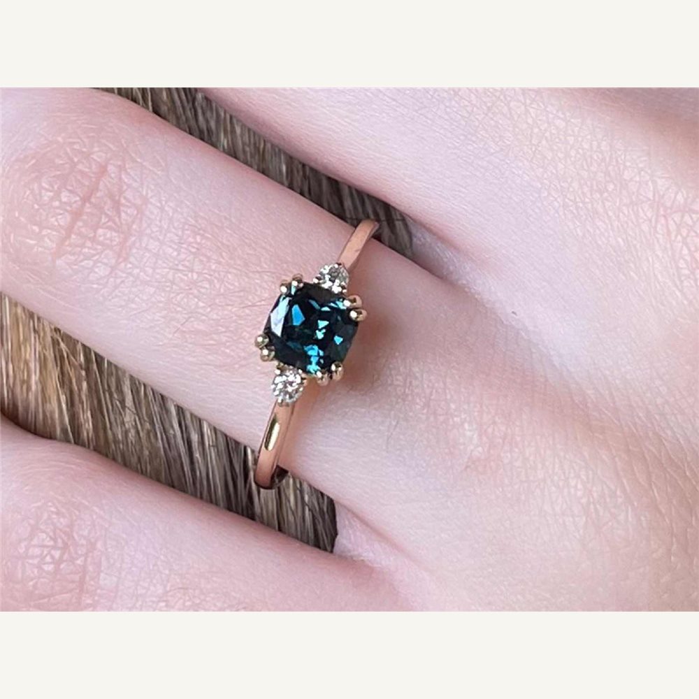 Serena Petite teal parti cushion sapphire and diamond ring