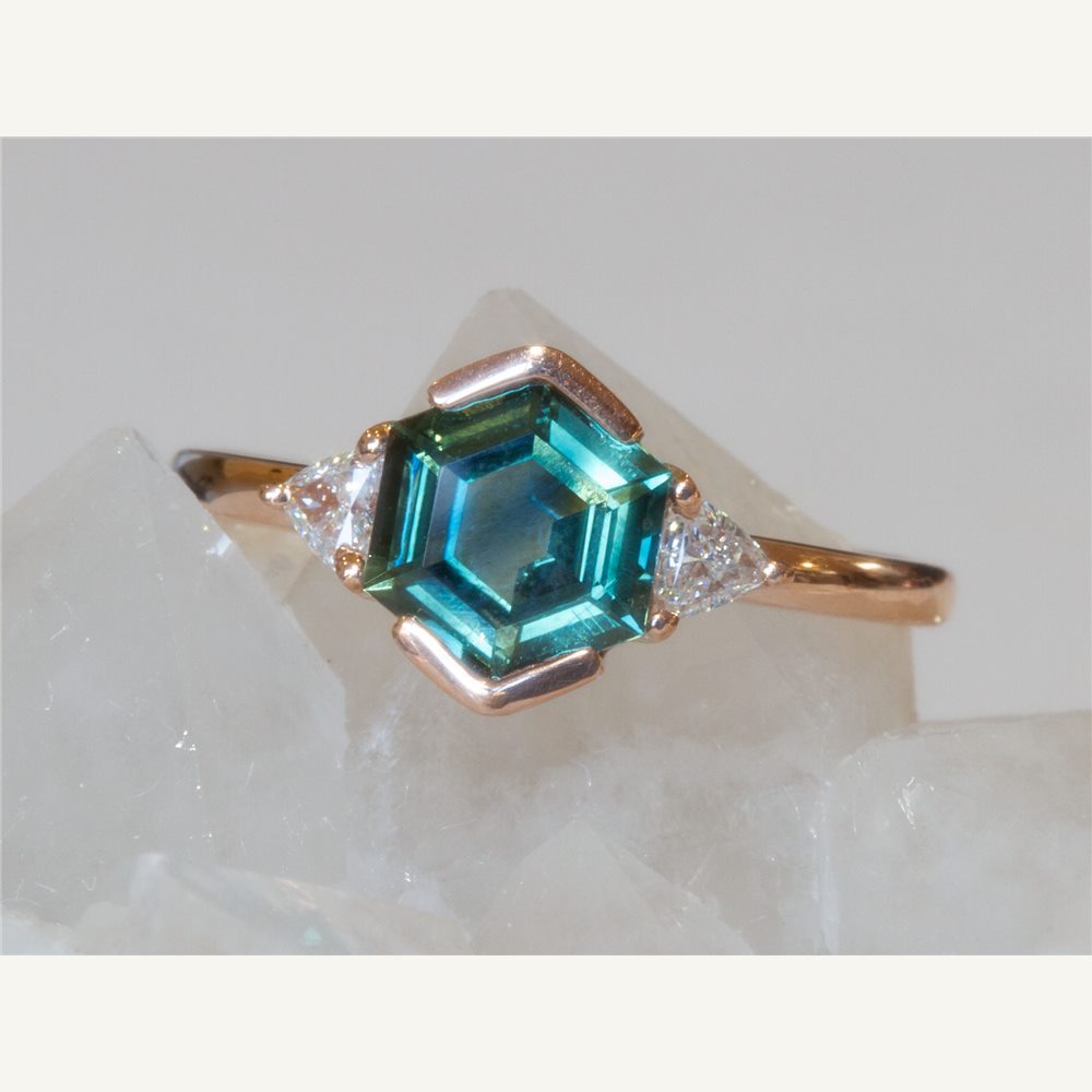 Trillare geometric teal sapphire and trilliant diamond engagement ring