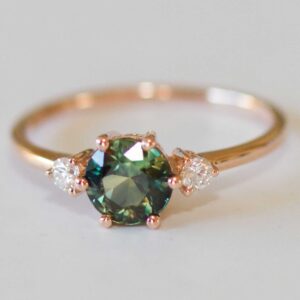 three stone teal sapphire and diamond ring | custom made gemstone ring | divine elements