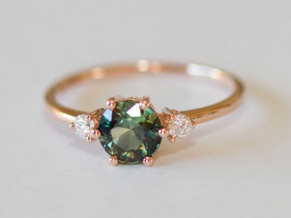 three stone teal sapphire and diamond ring | custom made gemstone ring | divine elements