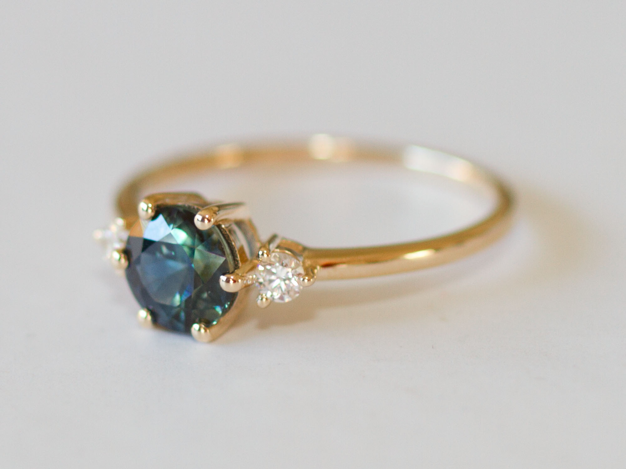 Aviana Three Stone Teal Blue Green Sapphire and Diamond Rose Gold ...