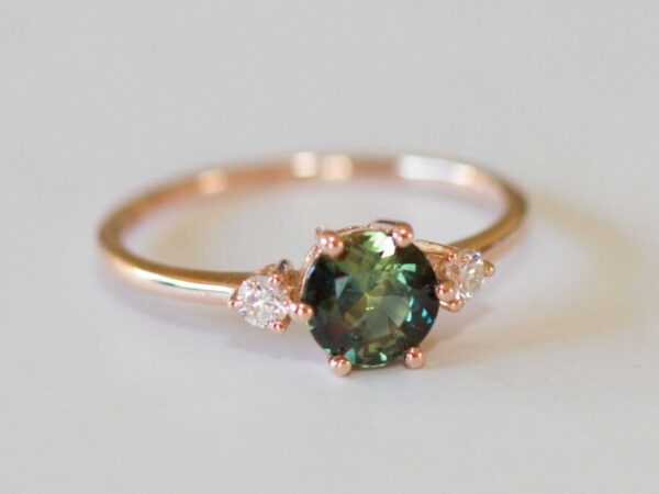 three stone teal sapphire ring | custom made gemstone ring | divine elements