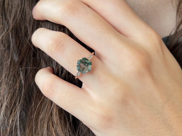 Hexagon Moss Agate and diamond ring