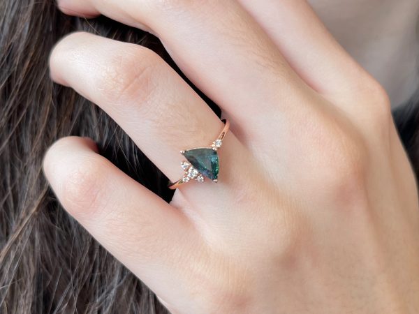 Teal Trilliant Sapphire and Diamond Ring