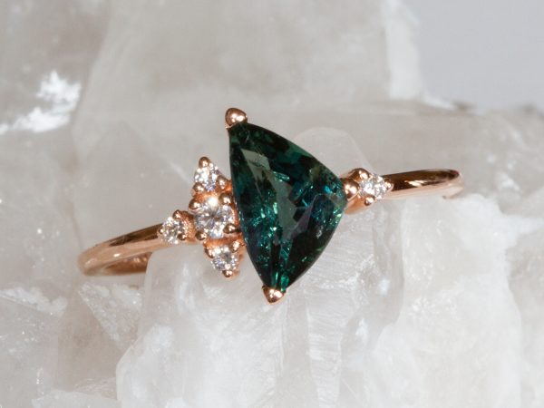 Teal Trilliant Sapphire and Diamond Ring