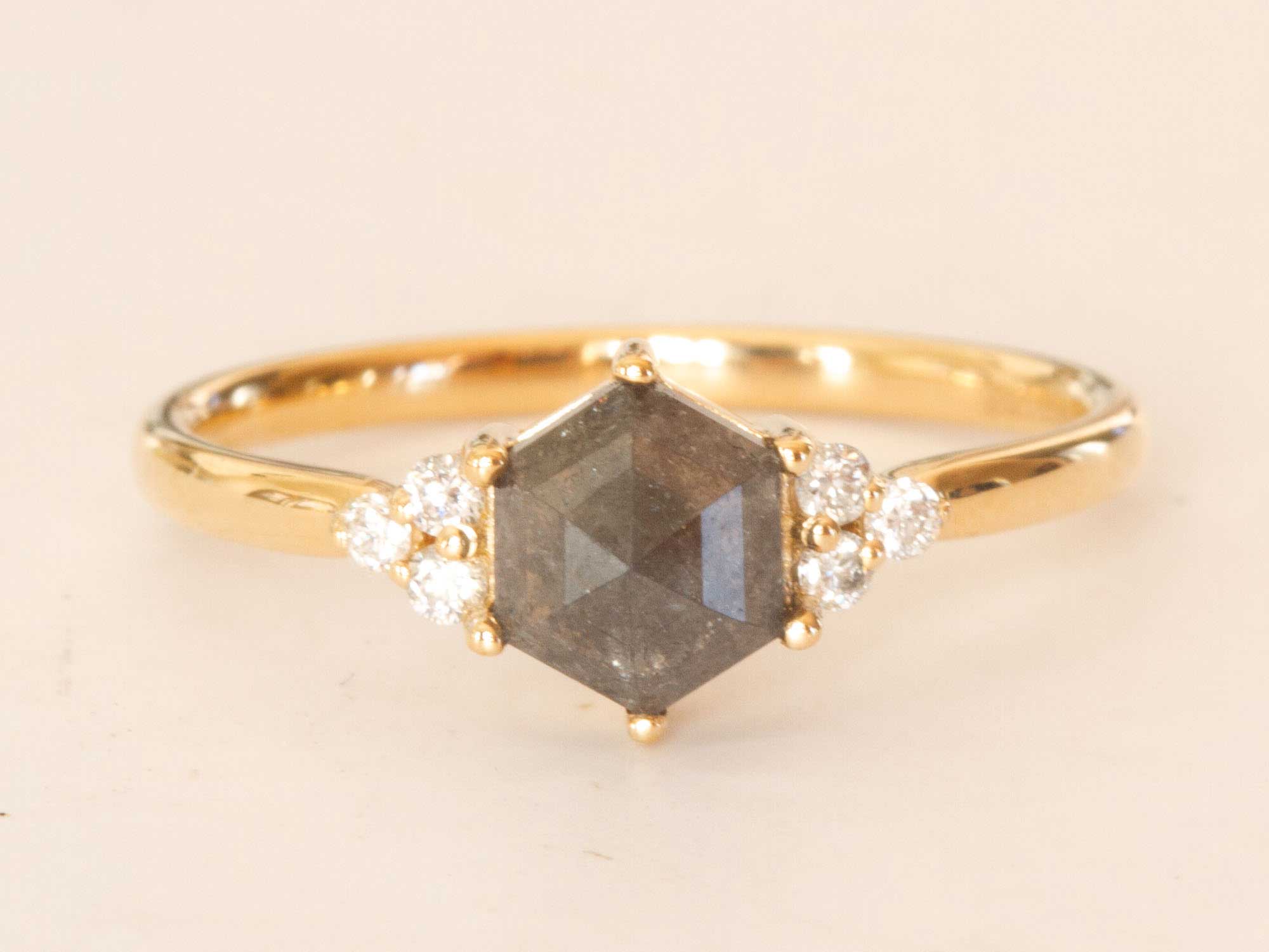 Heexagon salt and pepper diamond engagement ring